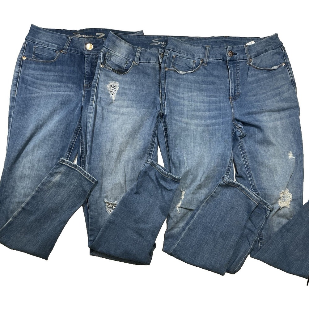 Lot Of 3 Seven Skinny Jeans Distressed and Regular Medium Wash Stretch Size 12